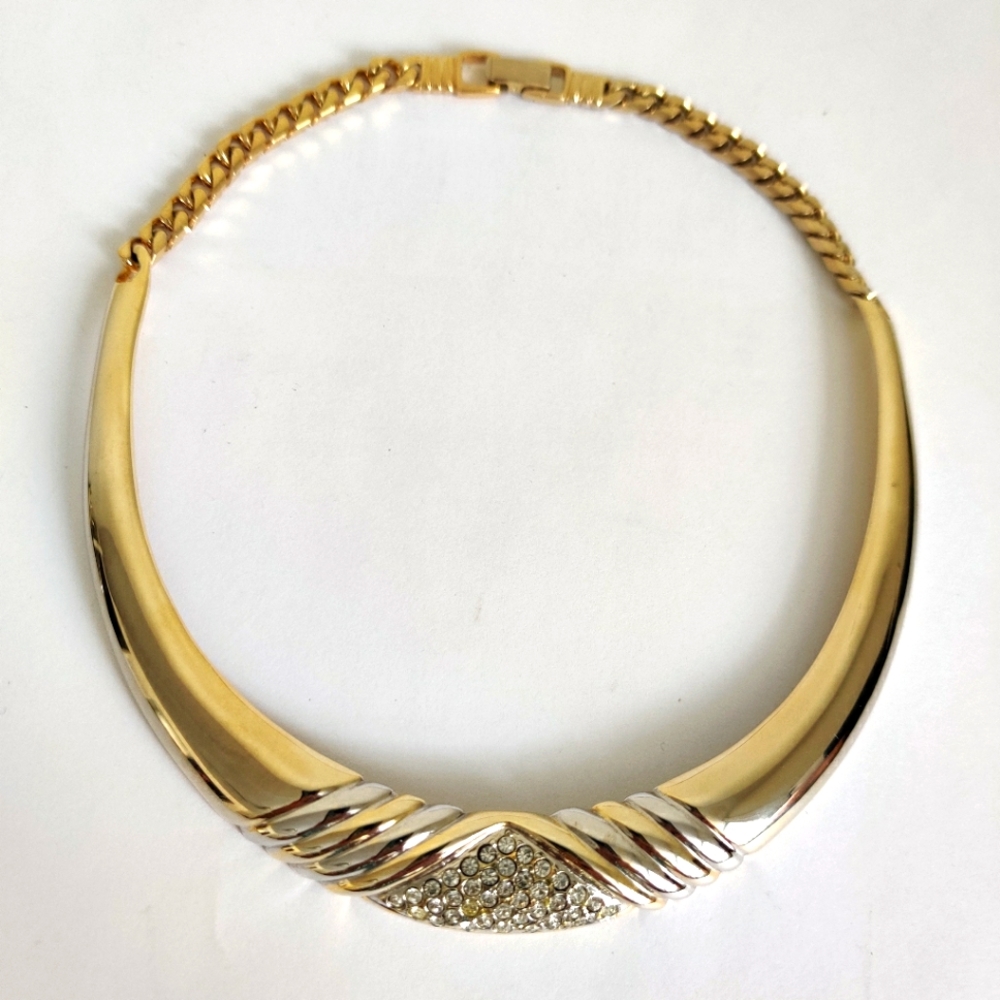 Stunning Vintage 80s Gold Plated Bib Chocker Necklace With Clear Crystals Accent